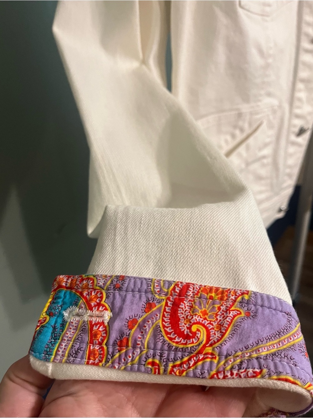 Ralph Lauren White Denim Jean Jacket With Cute Paisley Turn Back Cuffs Size 12 - Picture 2 of 6
